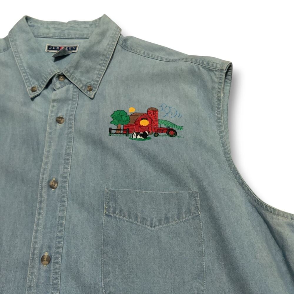 Vintage Jerzees Denim Button Vest Men's Size 2XL‎ Farm Barn Embroidered